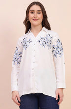 White Shirt with Blue Floral Vine Embroidery