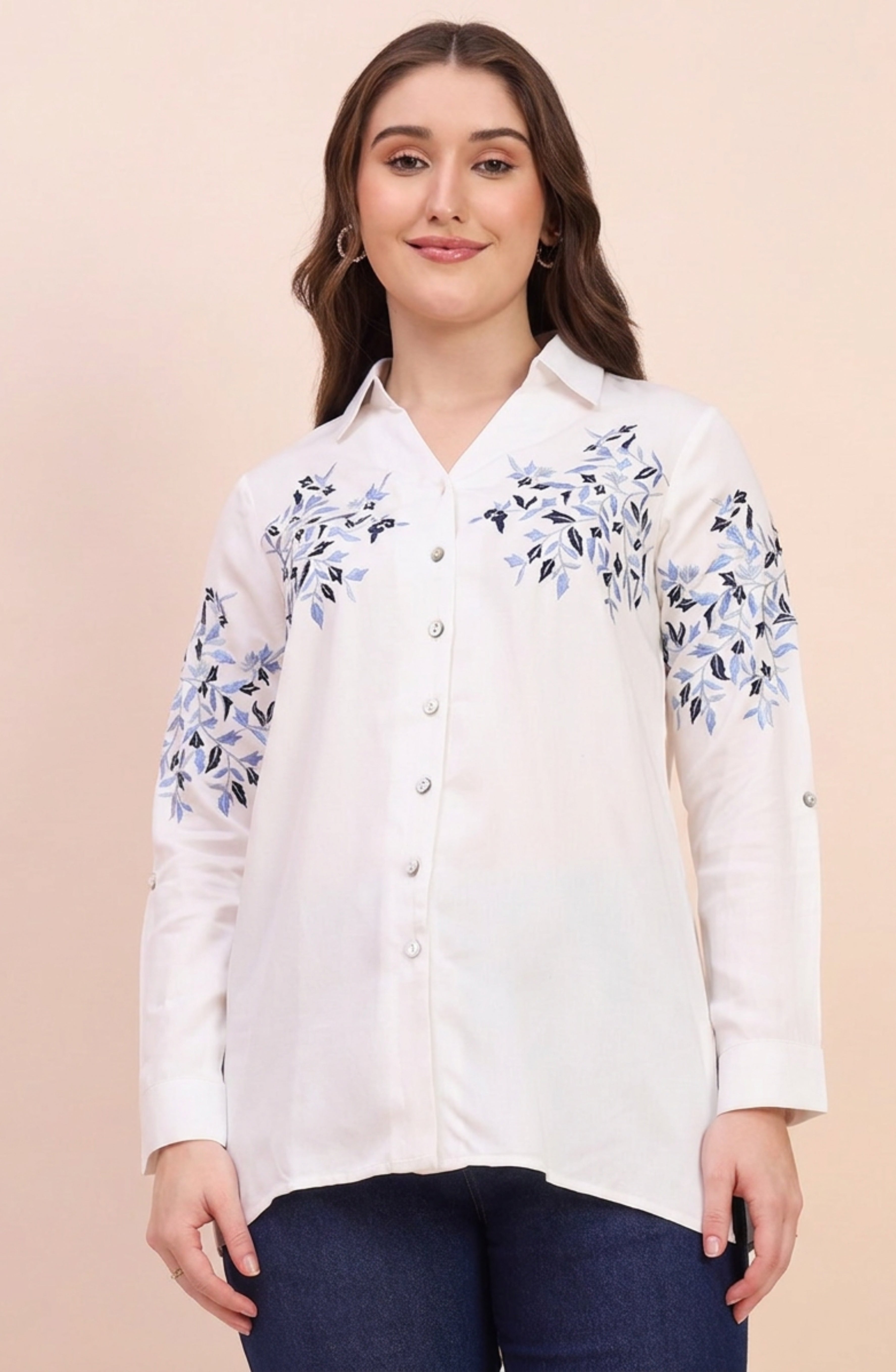 White Shirt with Blue Floral Vine Embroidery