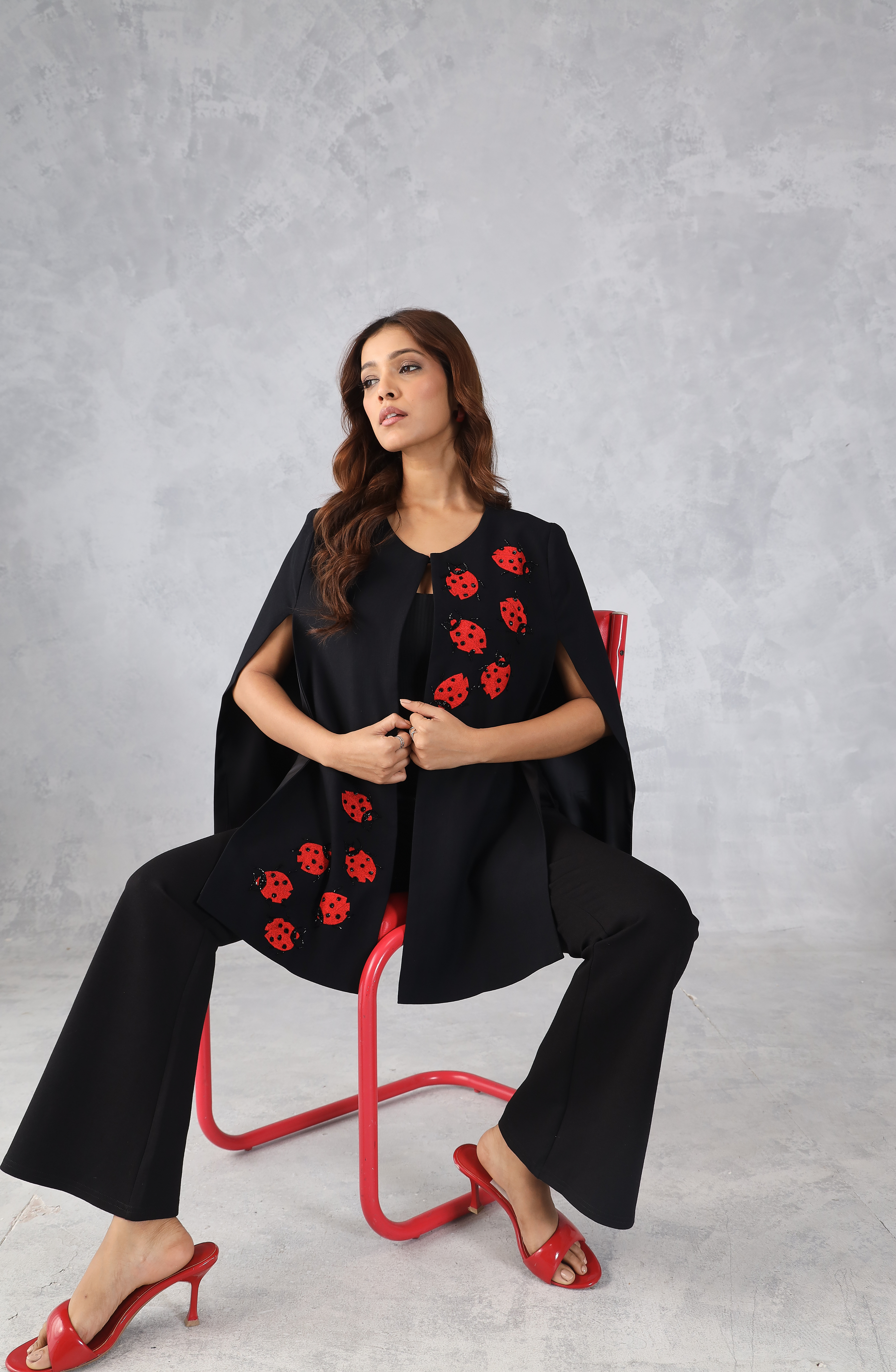 Black Formal Cape with Red Contrast Embroidery