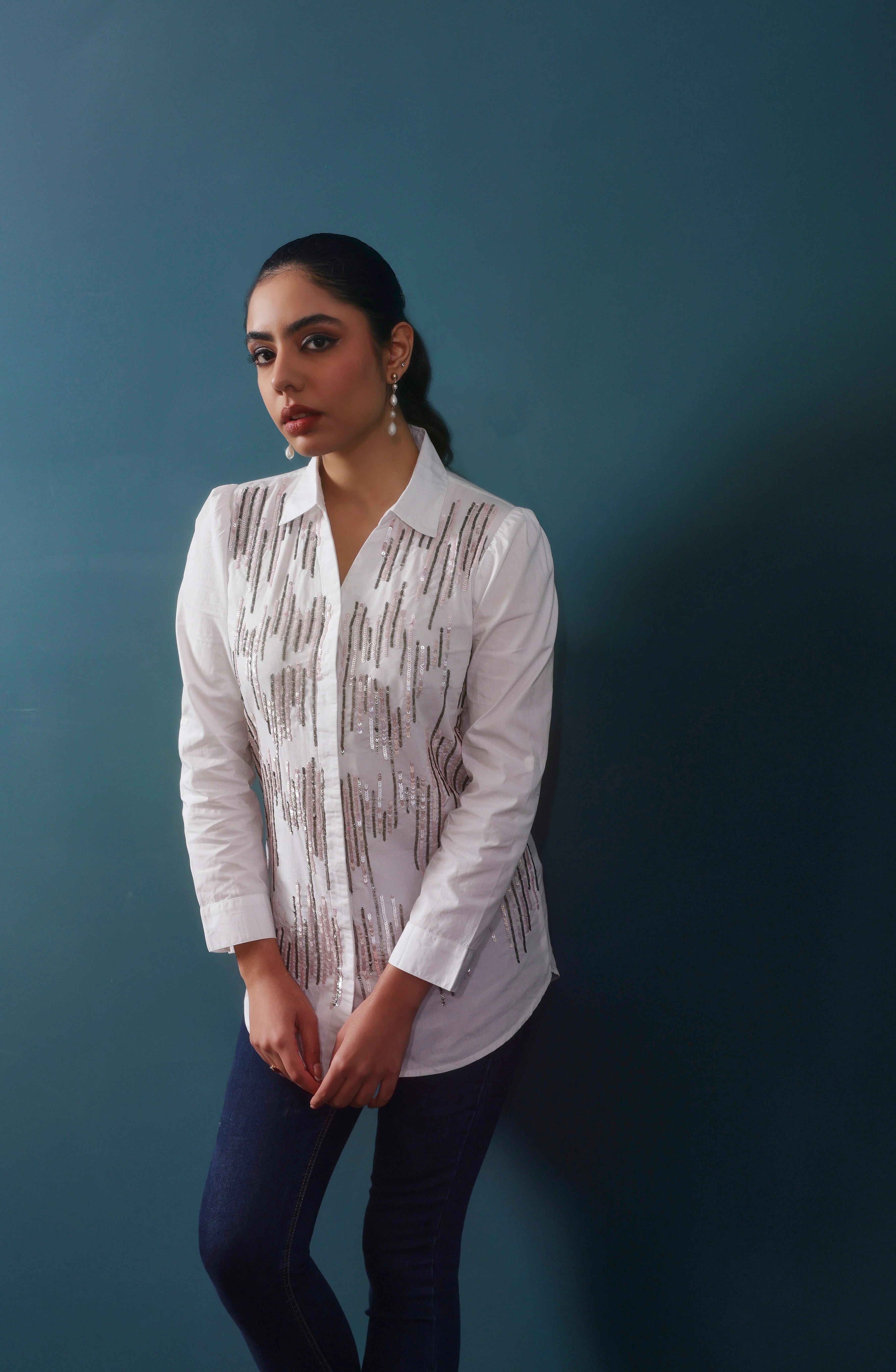 White Sequin Embellished Shirt