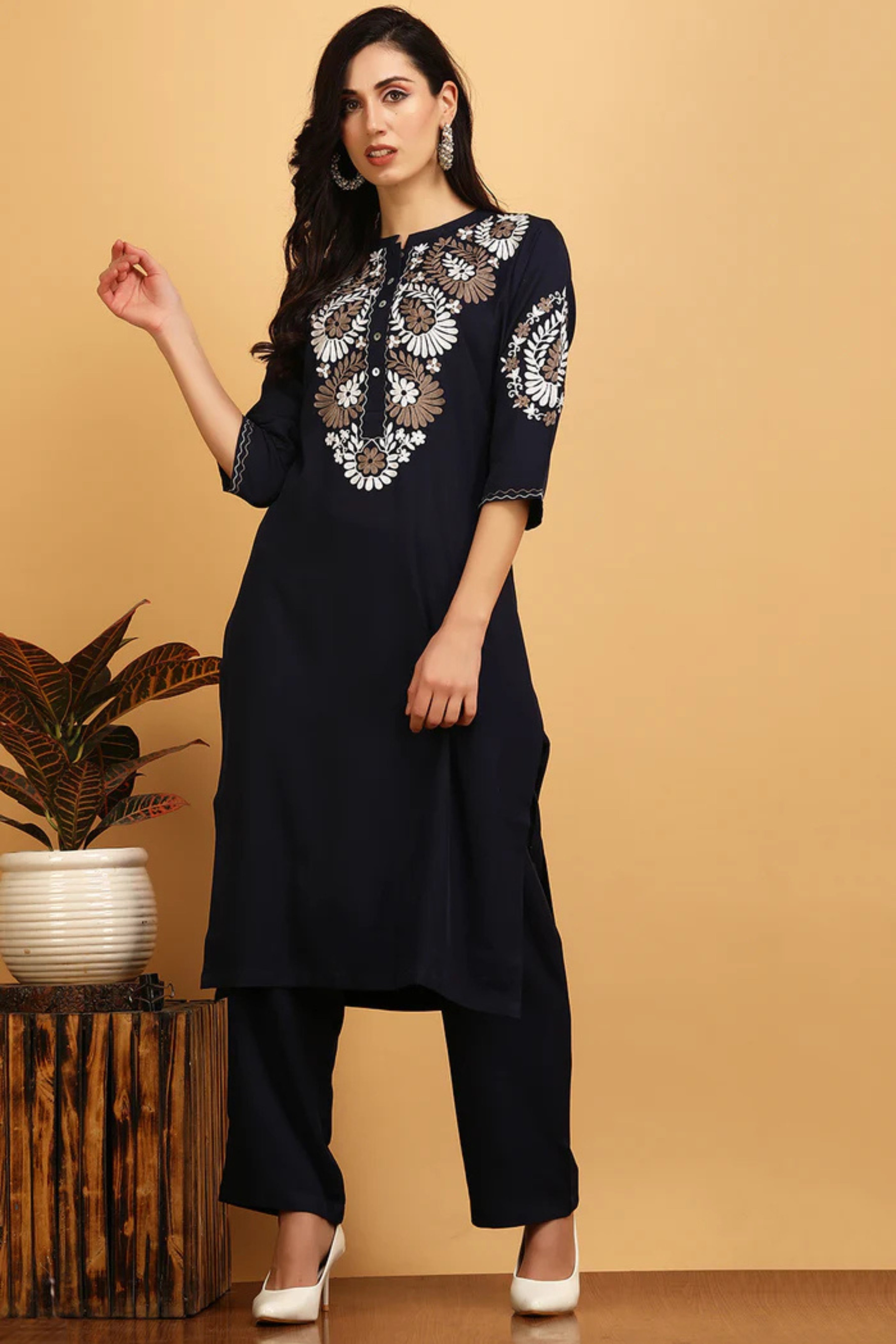 Navy Blue Embroidered Kurta Set