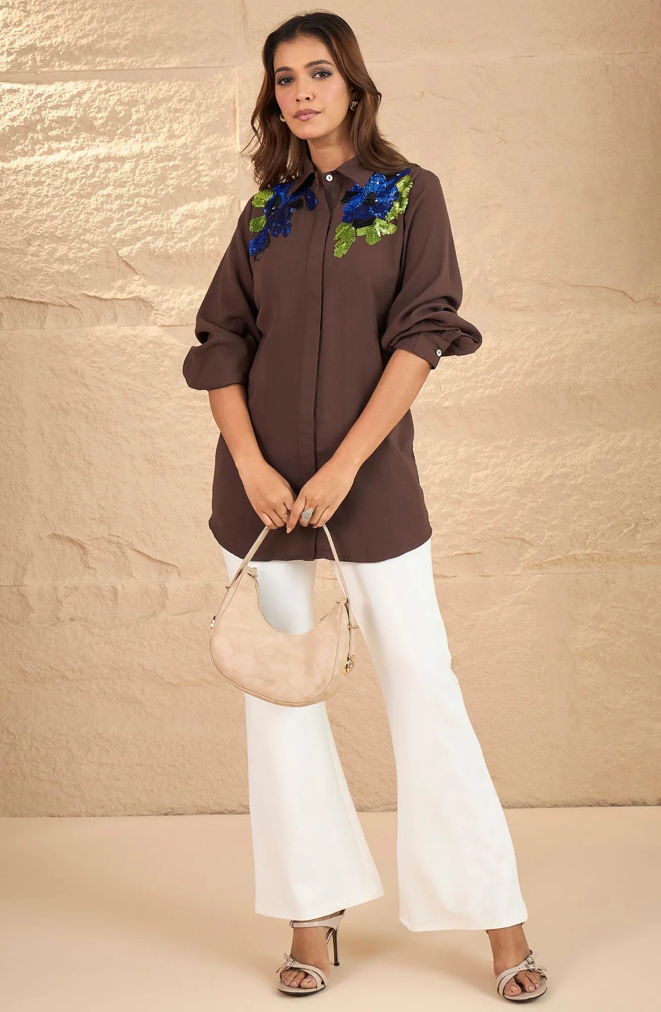 Sequin-Embellished Mocha Shirt
