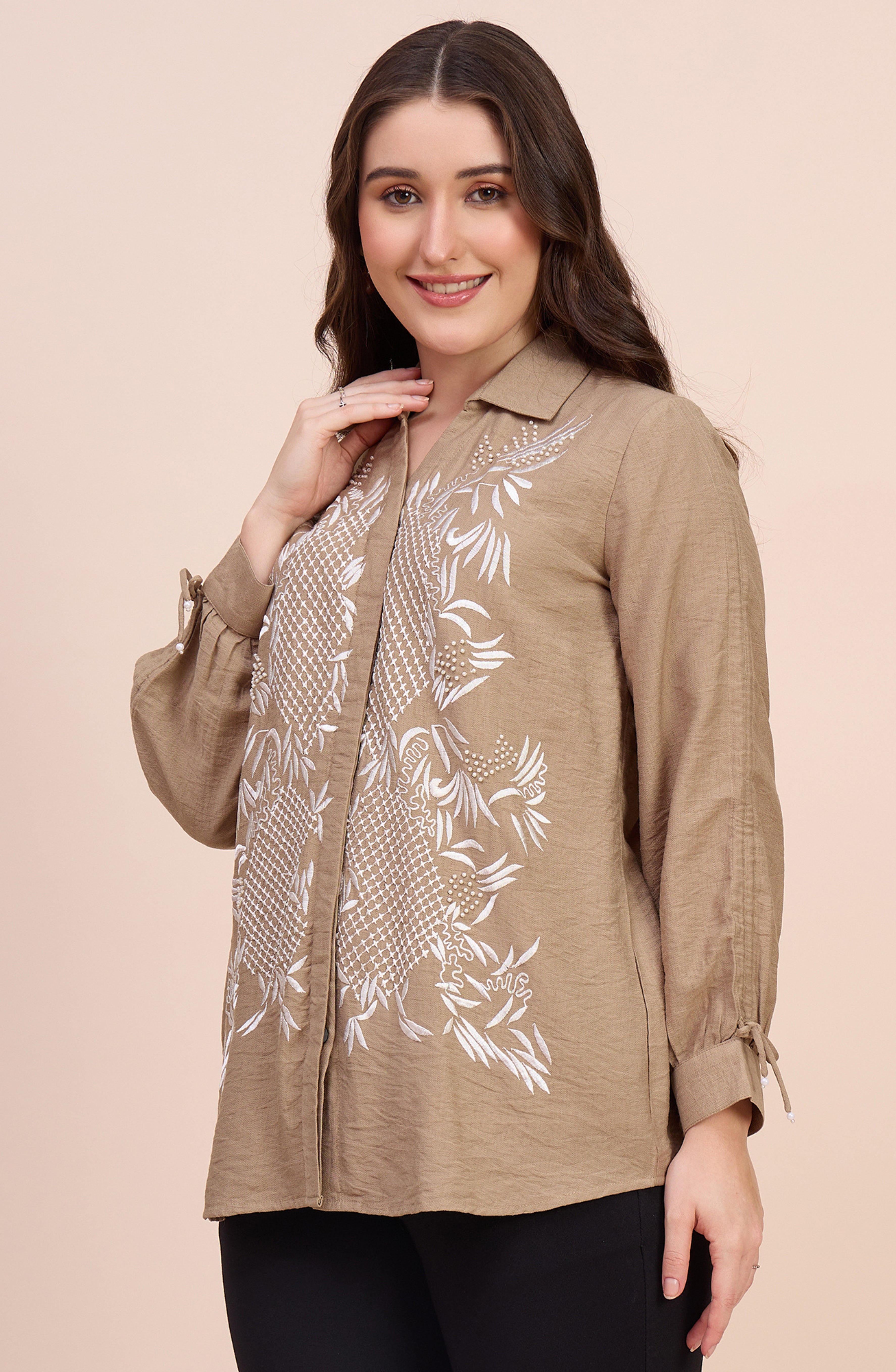 Beige Shirt with White Lattice Floral Embroidery