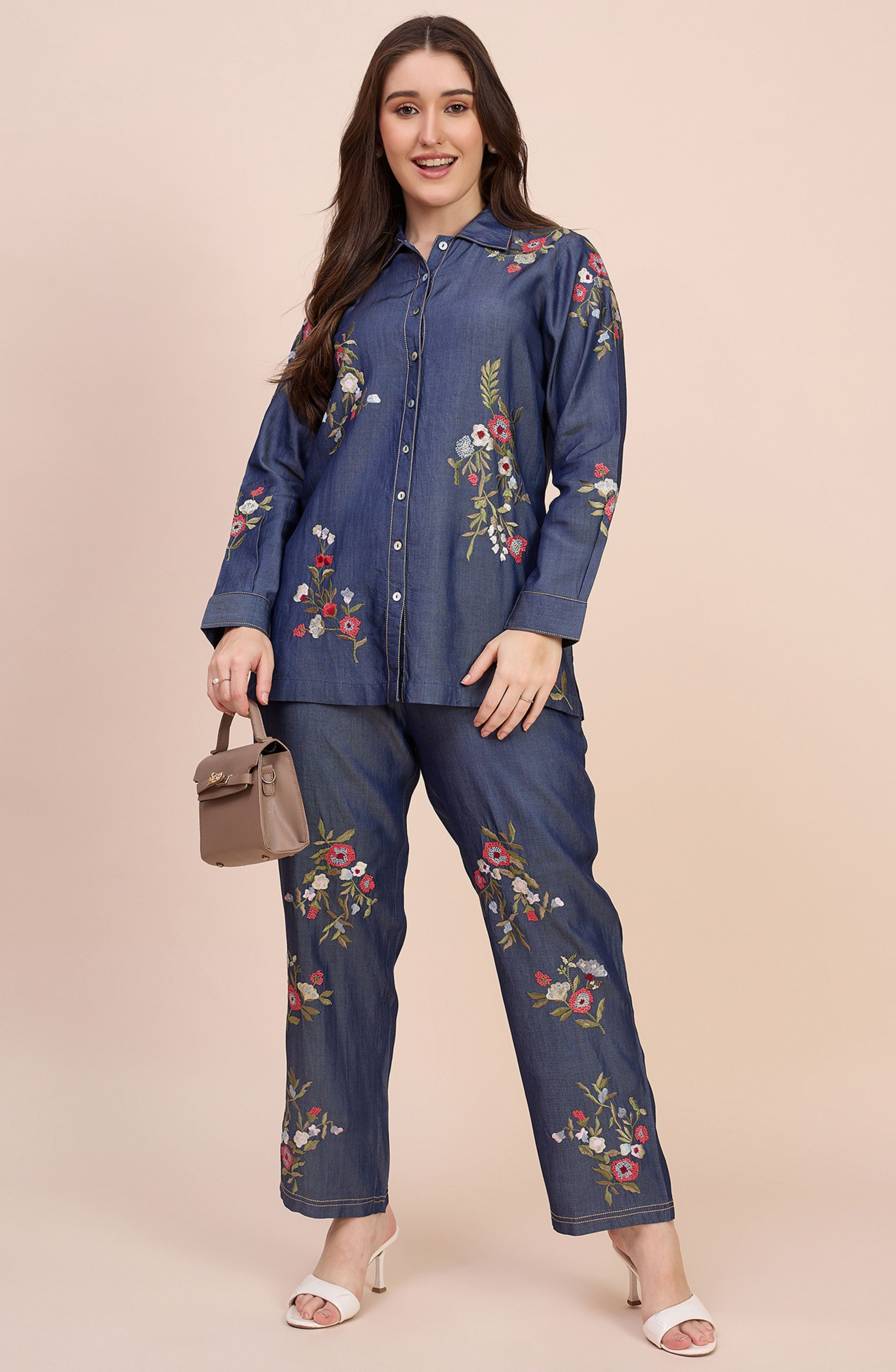 Denim Floral Embroidered Co-ord Set