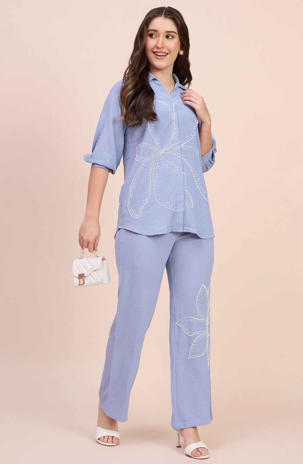 Powder Blue Co-ord Set with Pearl Beaded Floral Motif