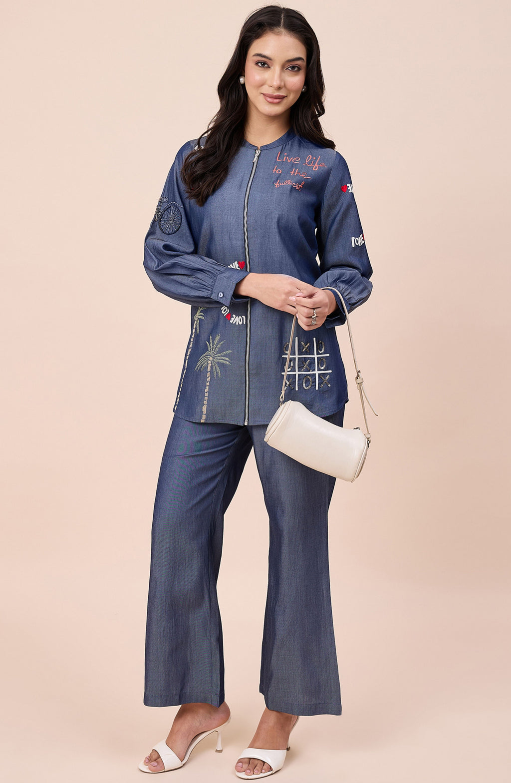 Cotton Denim Love Embellished Zipper Co-ord Set