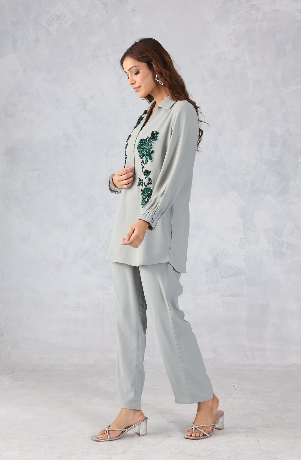 Elegant Sage Grey Embellished Co-Ord Set for Women