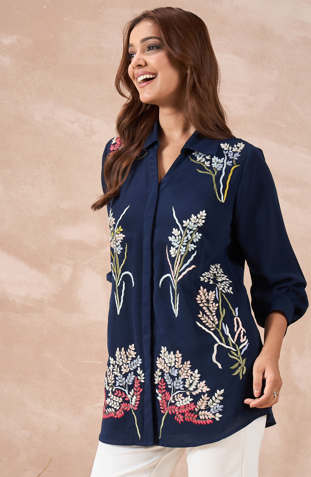 Navy Blue Shirt with Multicolour Wildflower Embroidery