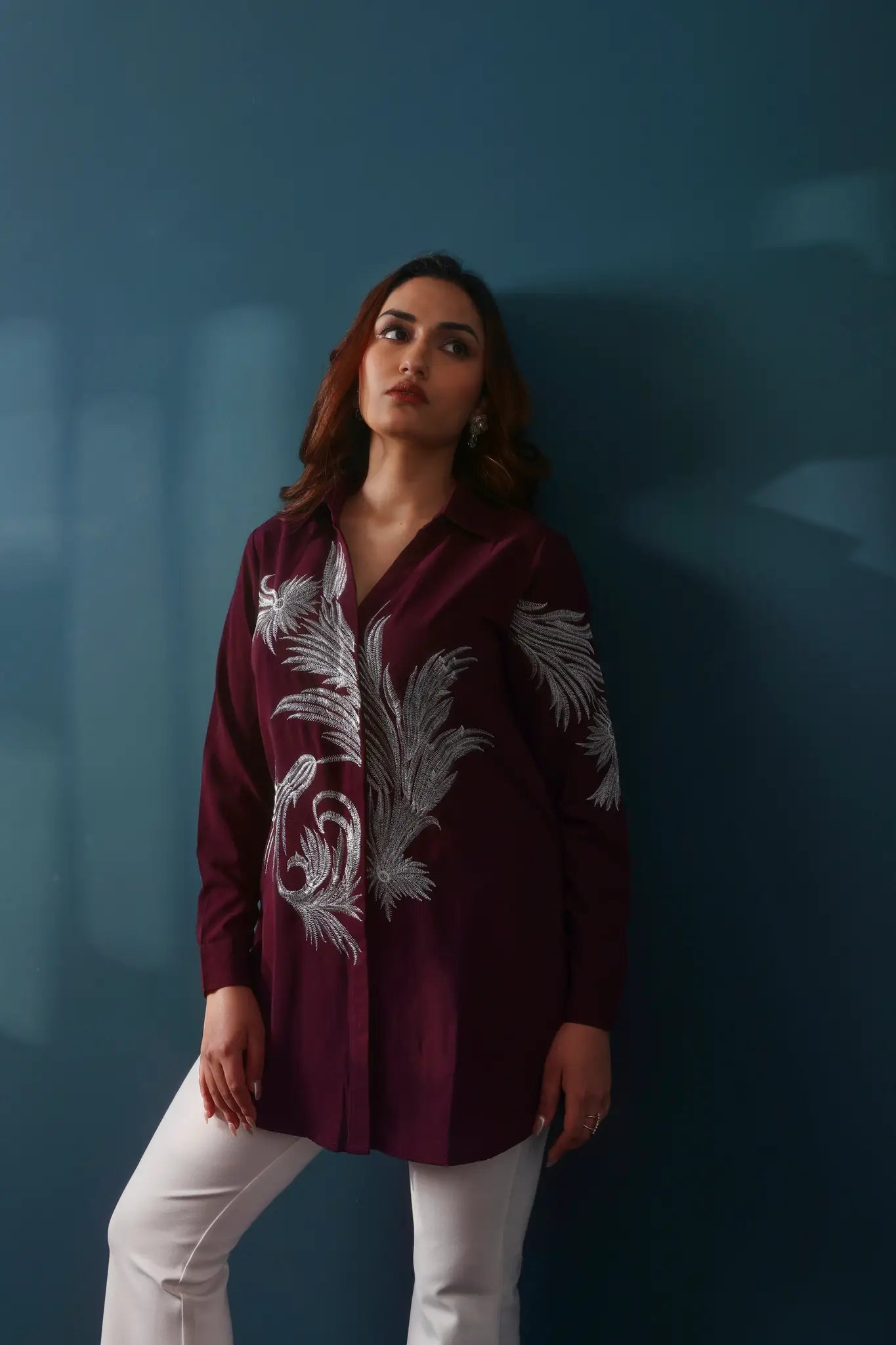 Wine Zari Embroidered Shirt