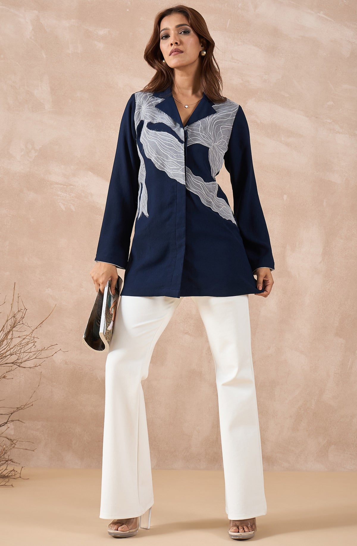 Navy Longline Shirt with Abstract Grey Applique