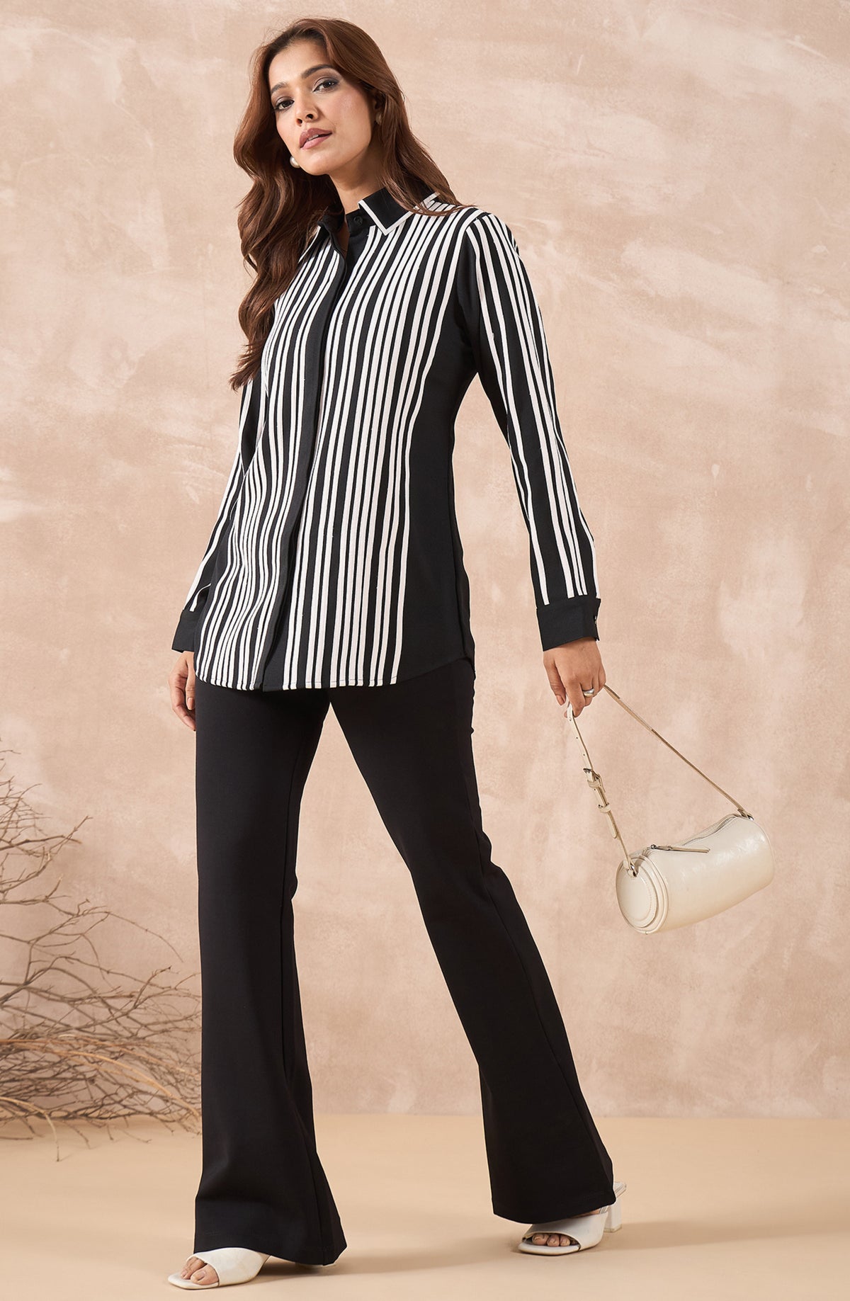 Black & White Striped Shirt with Contrast Collar