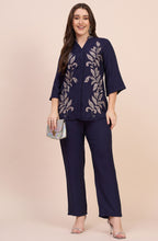 Navy Blue Co-ord Set with Beaded Leaf Embroidery