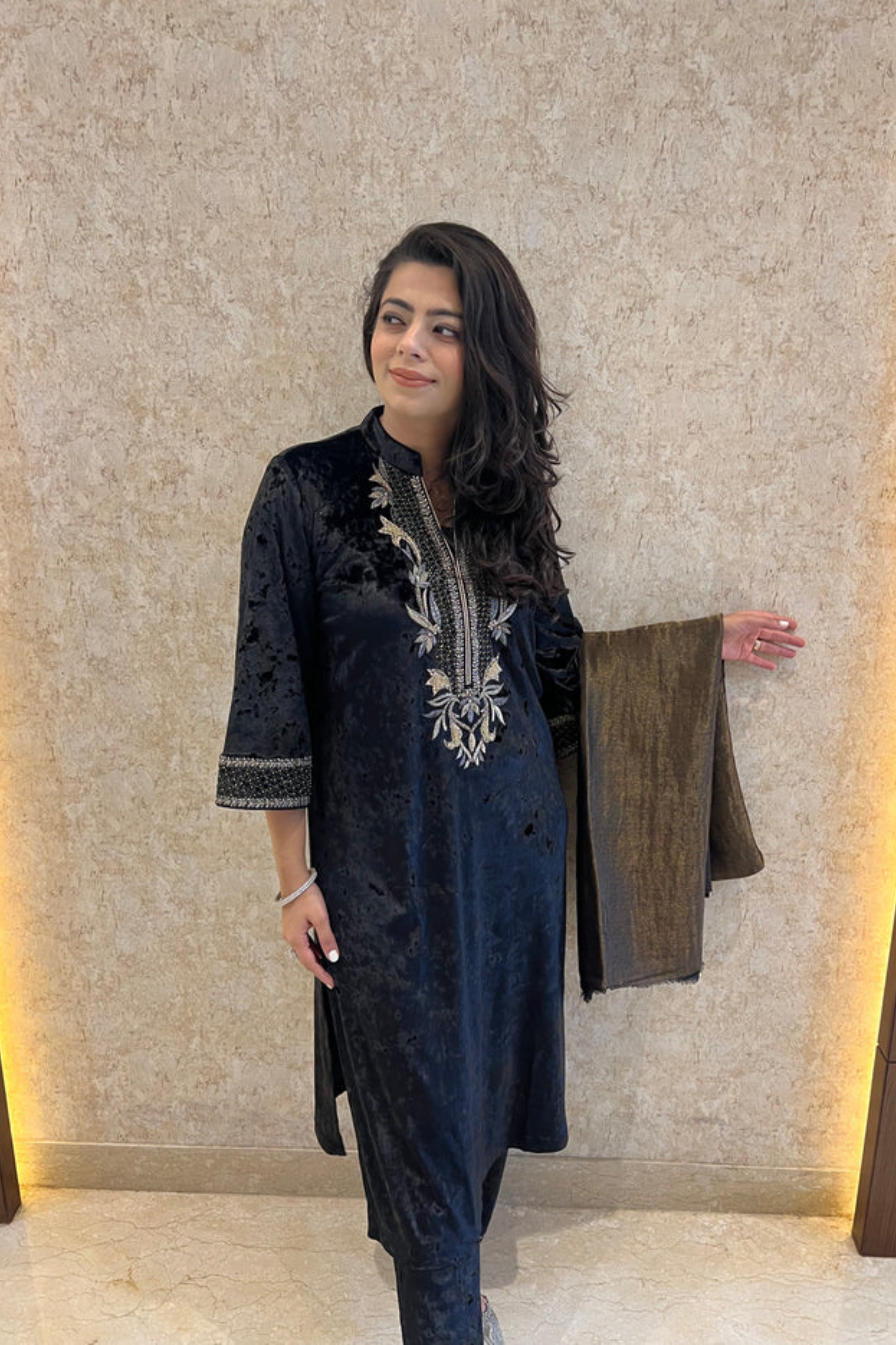 Black Zari Velvet Kurta Set