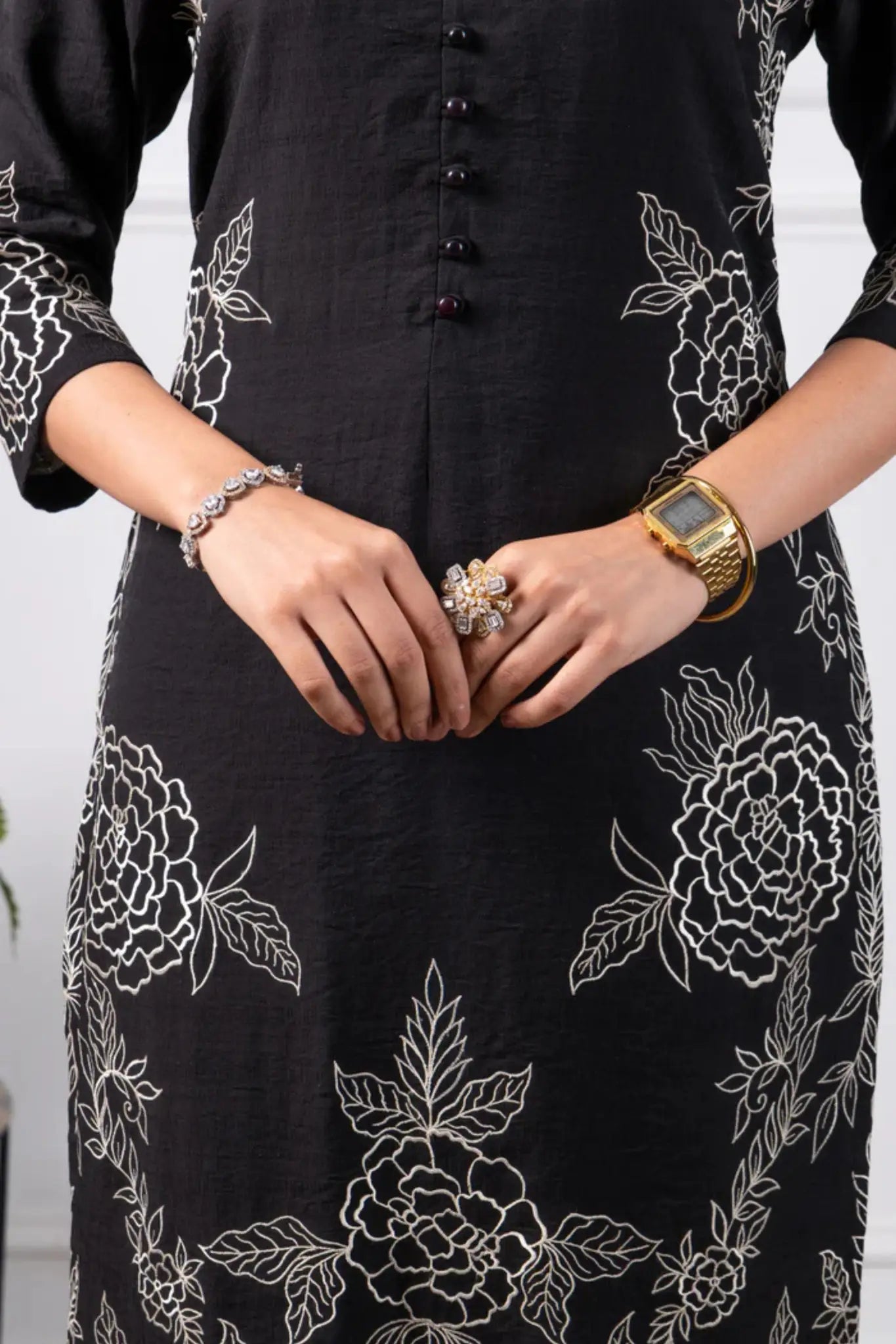Black and Beige Embroidered Kurta Set