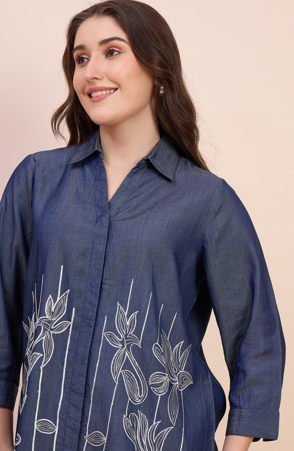 Denim Blue Shirt with Linear Floral Embroidery
