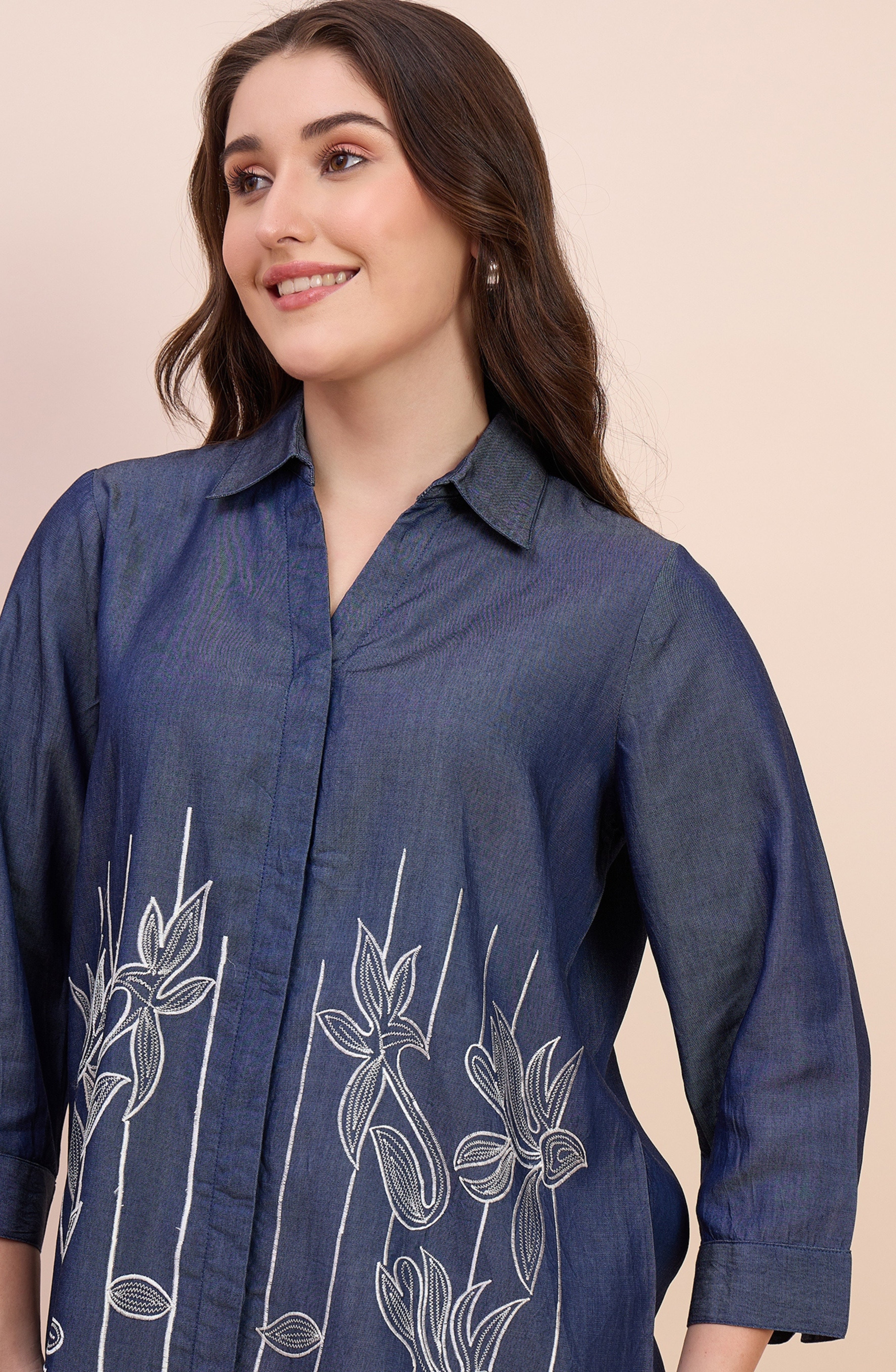 Denim Blue Shirt with Linear Floral Embroidery
