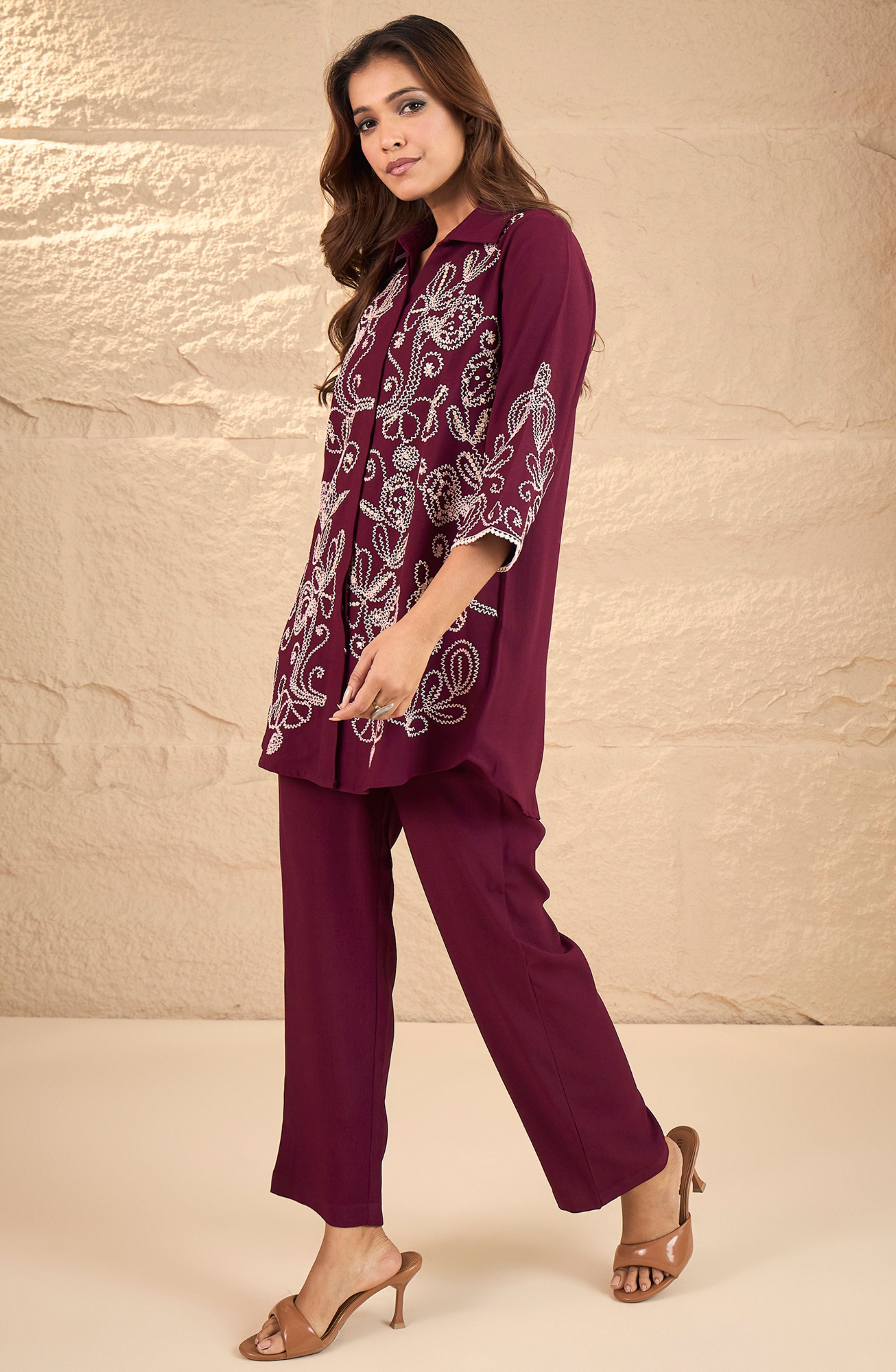 Maroon Floral Embroidered Co-Ord