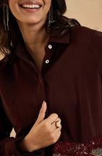 Deep Brown Shirt with Metallic Botanical Embroidery