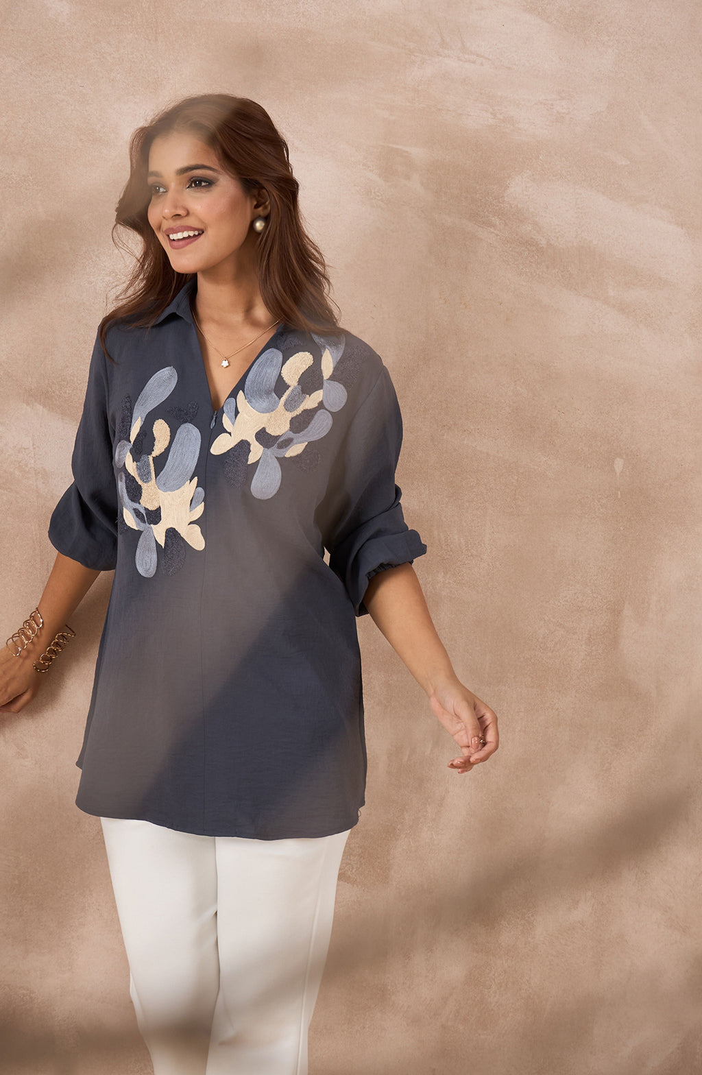 Charcoal Grey Shirt with Abstract Coral Applique