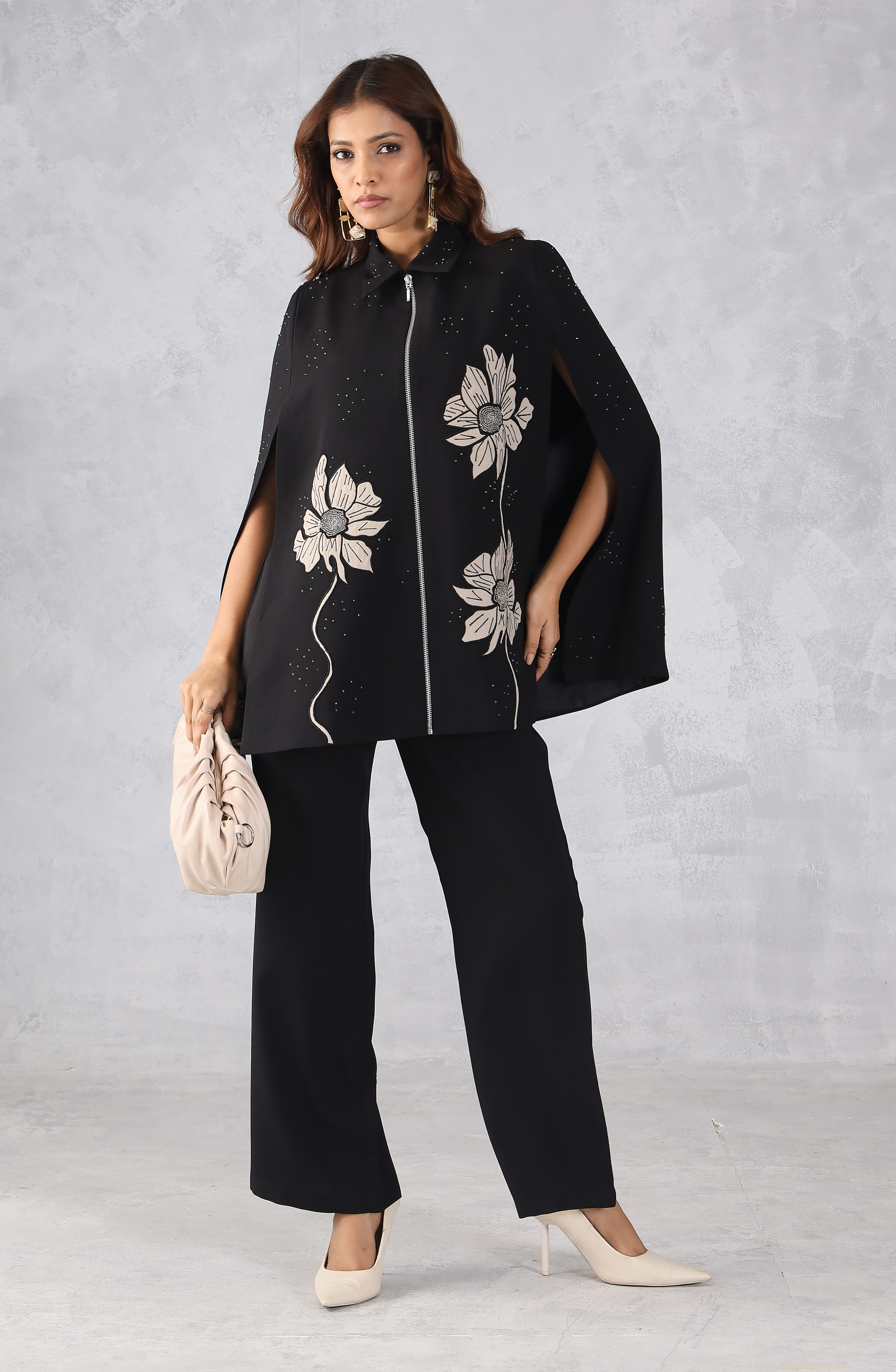 Black Embroidered Cape Style Co-Ord Set
