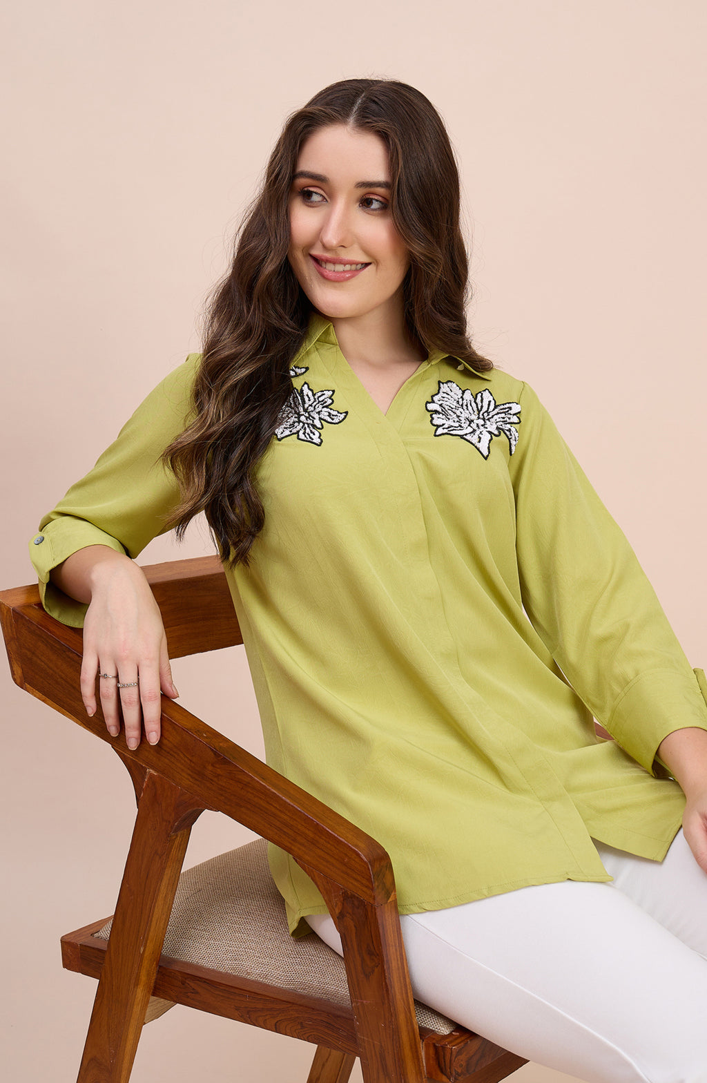 Lime Green Shirt with Sequin Floral Applique