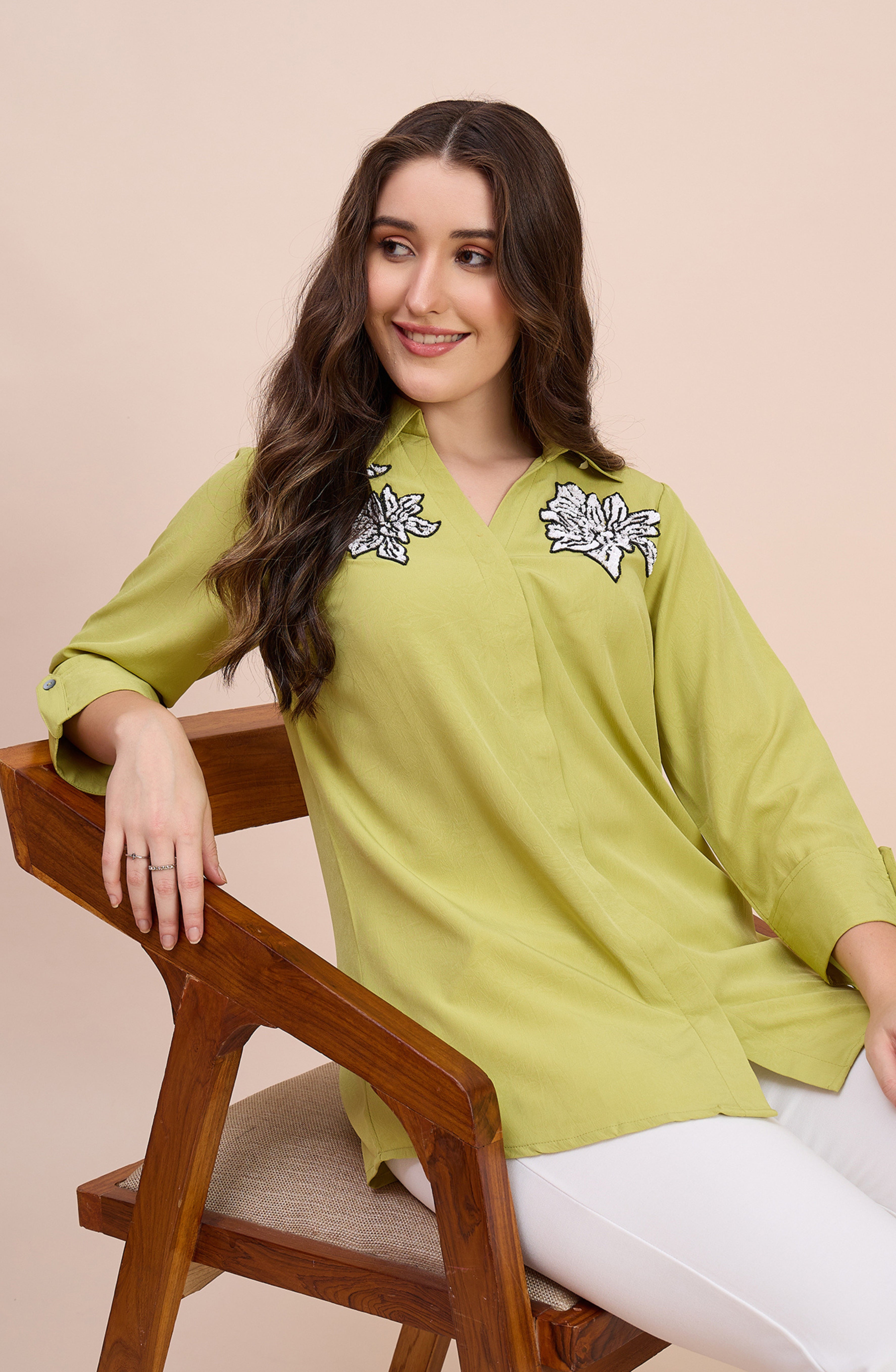 Lime Green Shirt with Sequin Floral Applique