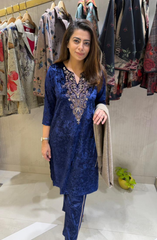 Navy Blue Velvet Embellished Kurta Set