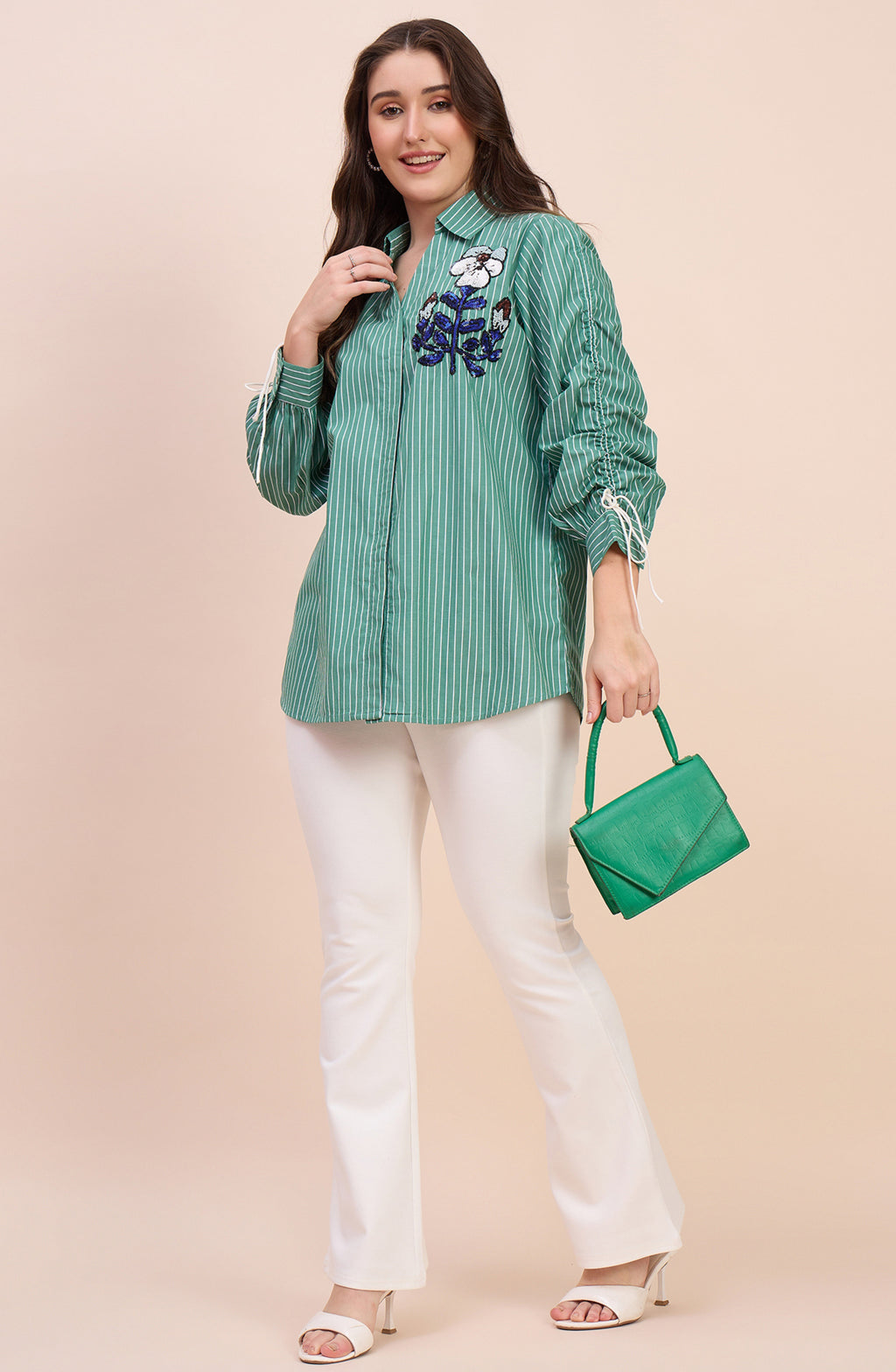 Sage Green Striped Shirt with Sequin Floral Embroidery