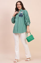 Sage Green Striped Shirt with Sequin Floral Embroidery