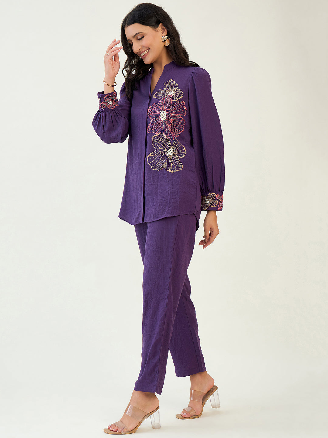 Purple Floral Embroidery Co-ord Set