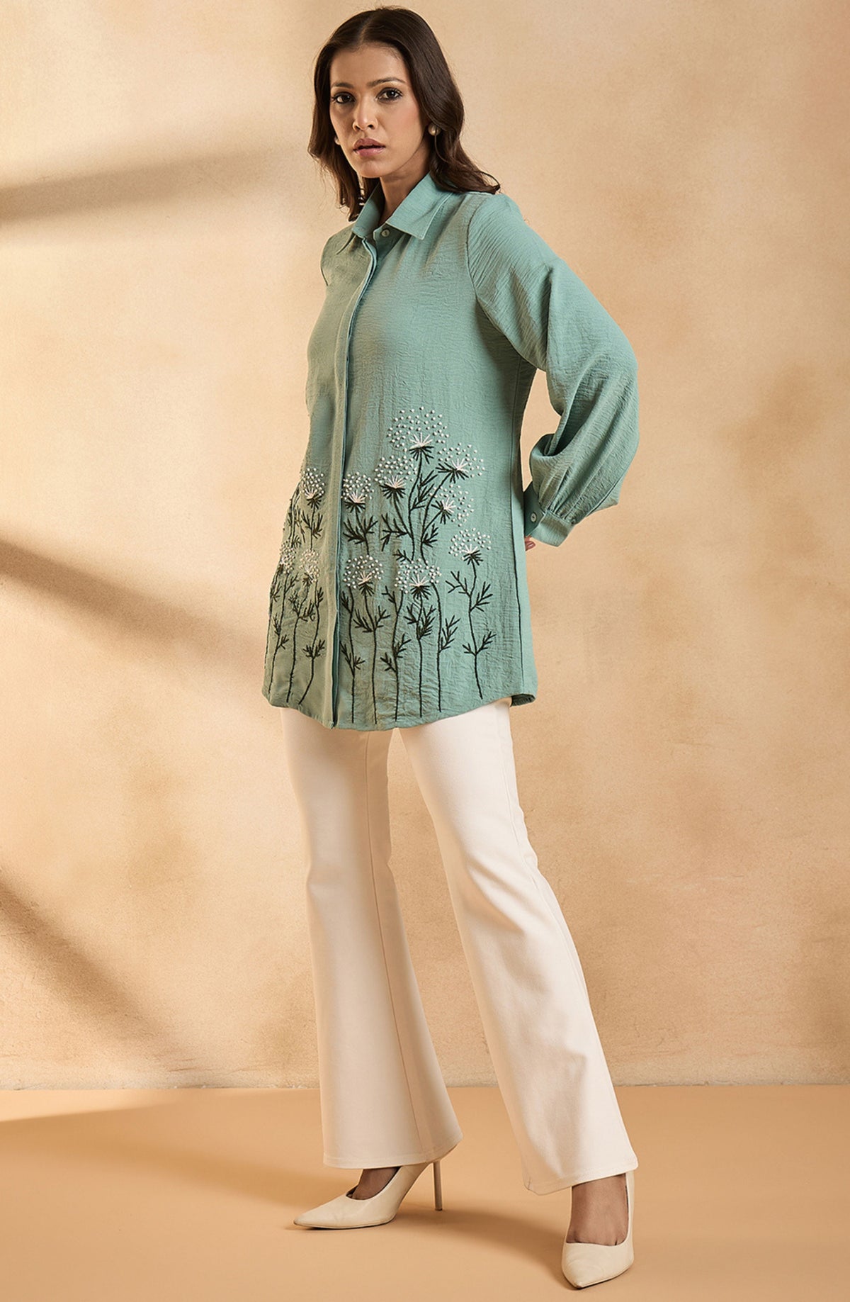 Sage Green Shirt with Dandelion Floral Embroidery