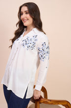 White Shirt with Blue Floral Vine Embroidery