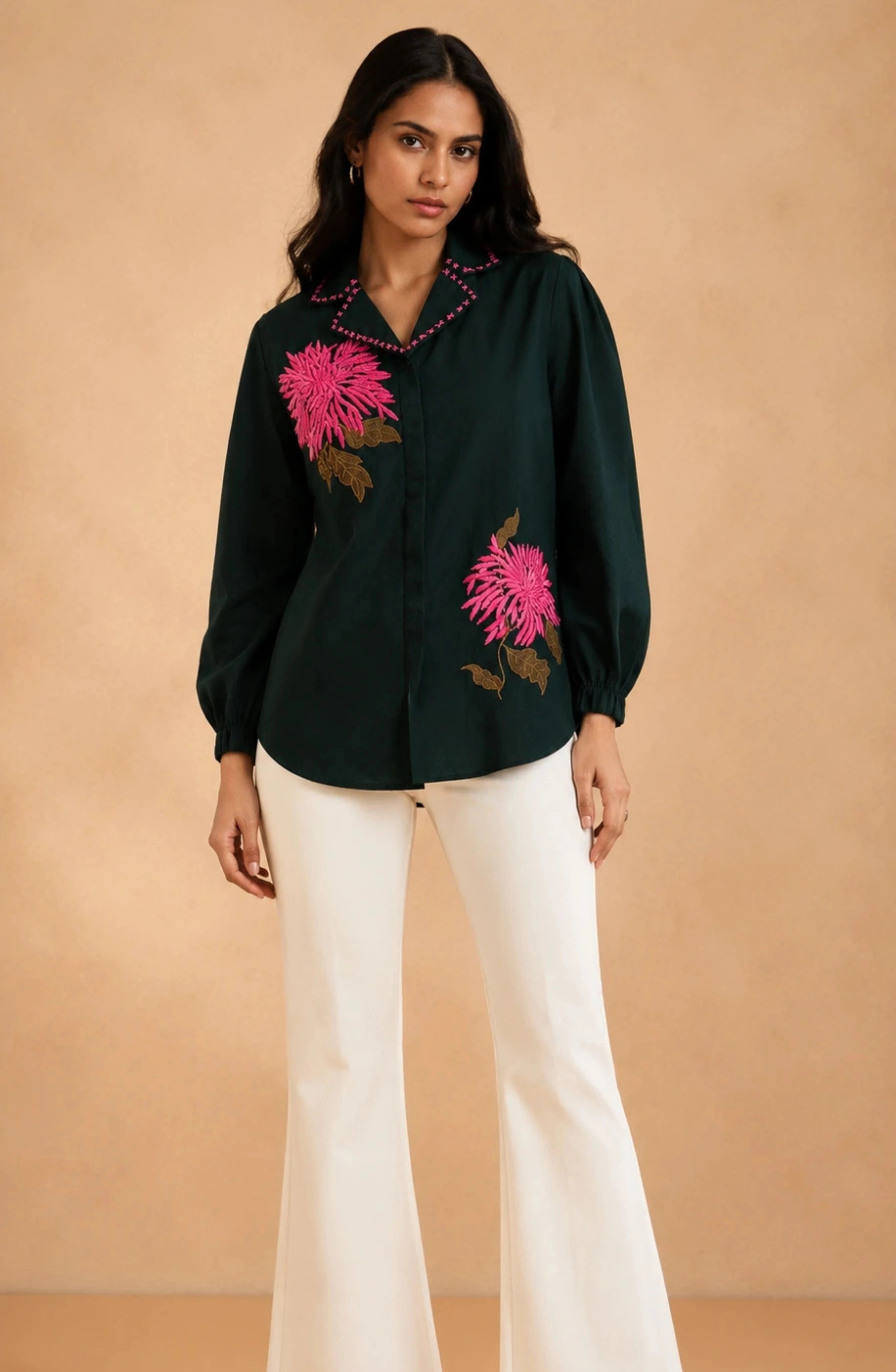 Teal Green Floral Embroidered Shirt