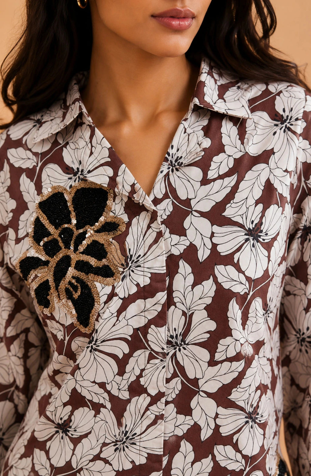 Brown Floral Print Embellished Shirt