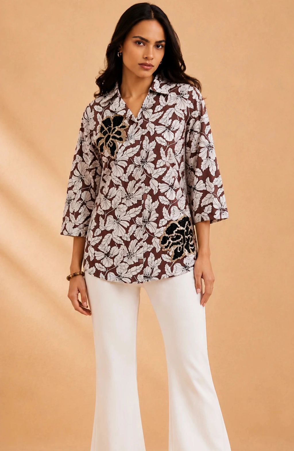 Brown Floral Print Embellished Shirt
