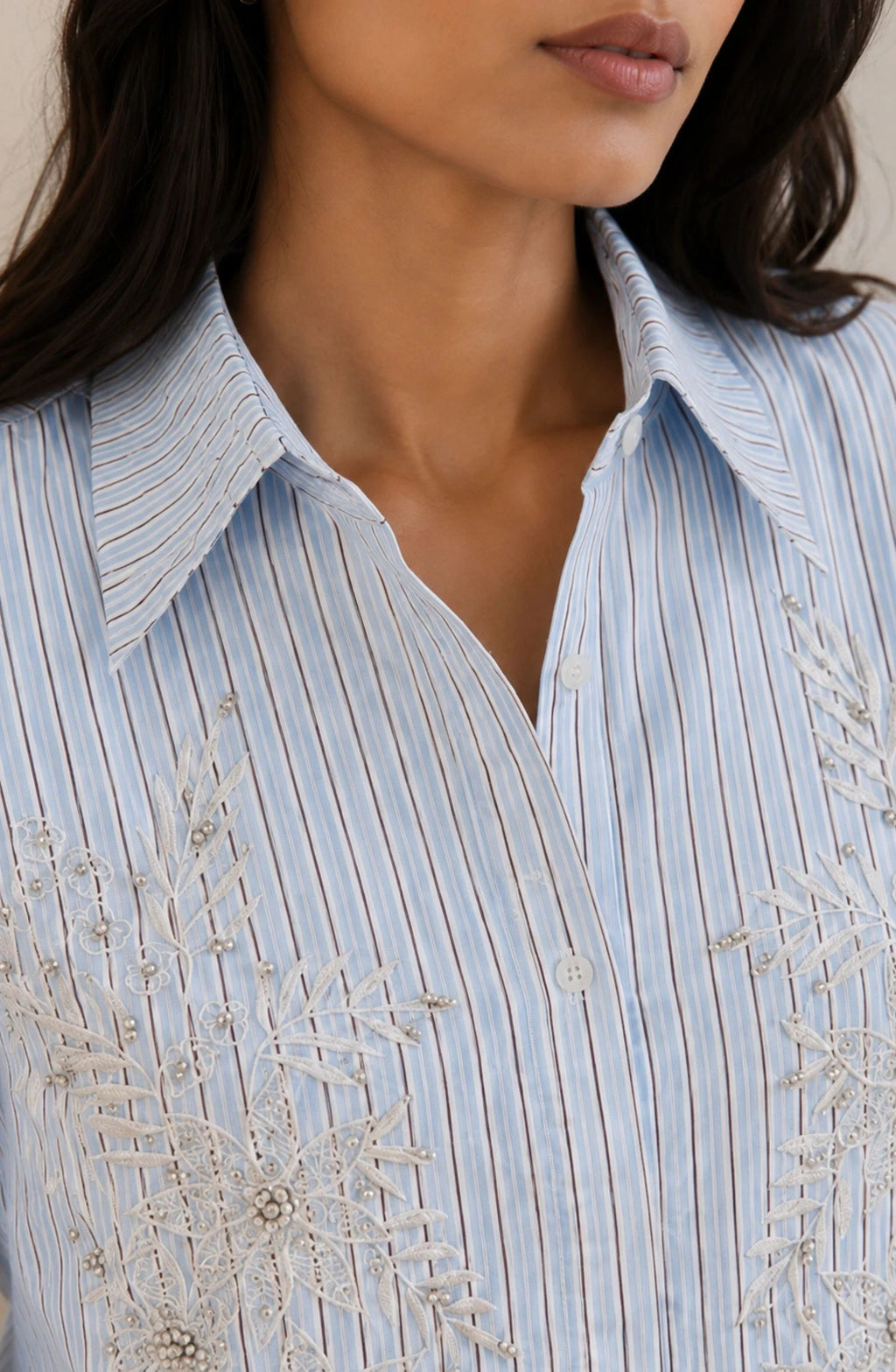 Sky Blue Vertical Stripe Embellished Shirt