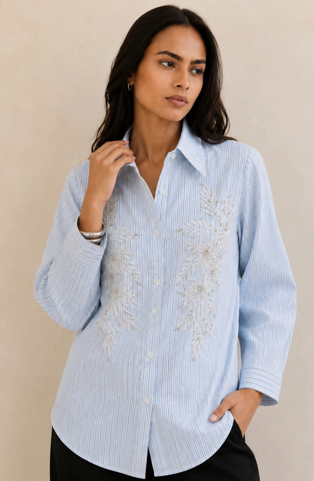 Sky Blue Vertical Stripe Embellished Shirt