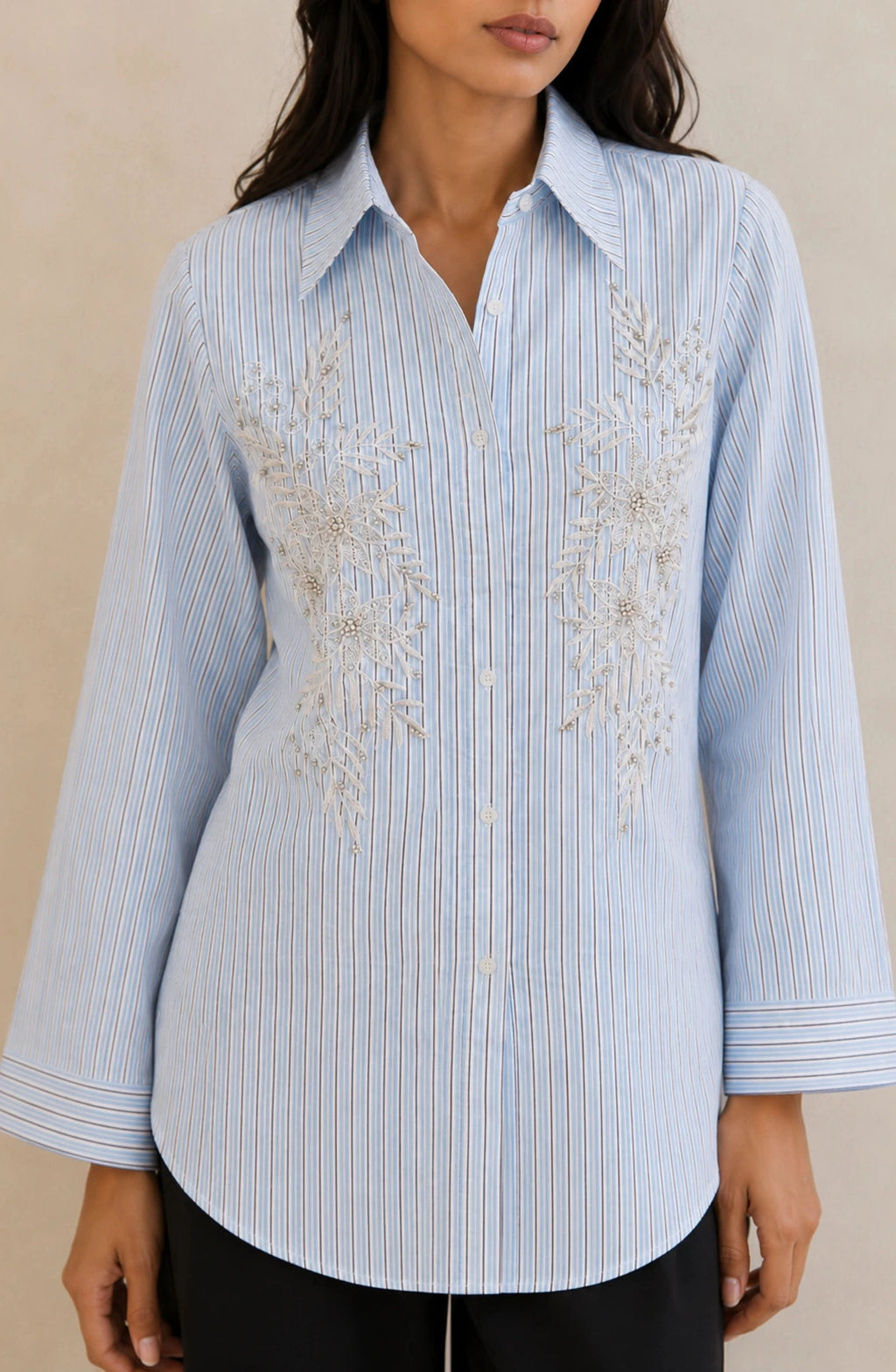 Sky Blue Vertical Stripe Embellished Shirt