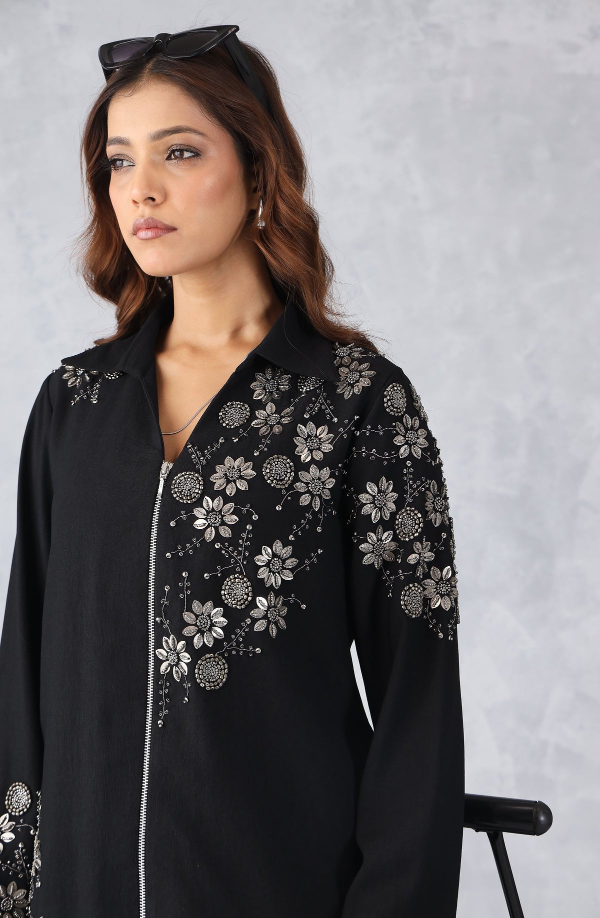 Black Floral Embellished Zip Style Shirt