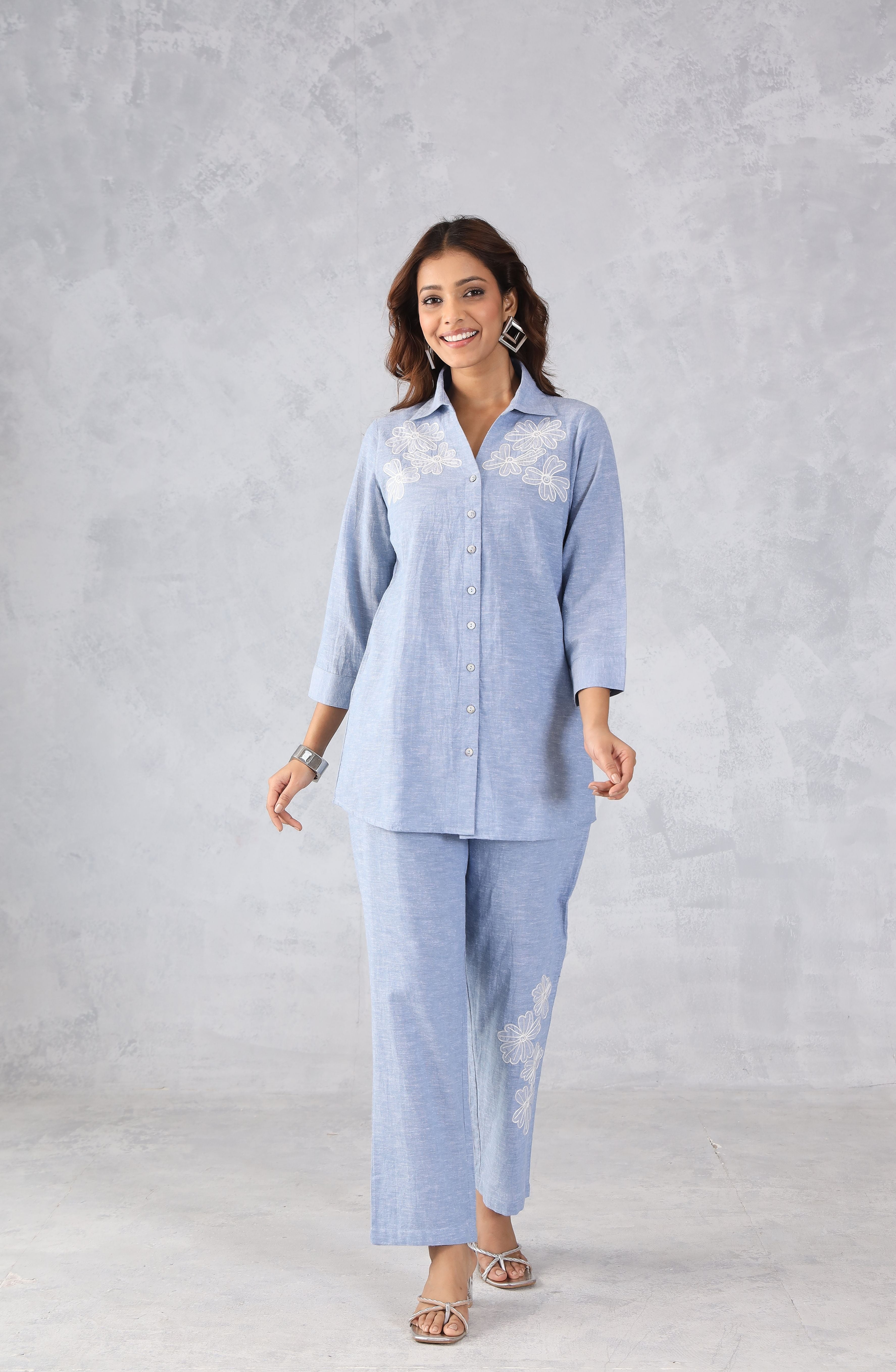 Light Blue Denim Embroidered Co-Ord Set