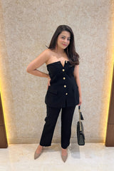 Minimalist Black Off-Shoulder Waistcoat Set