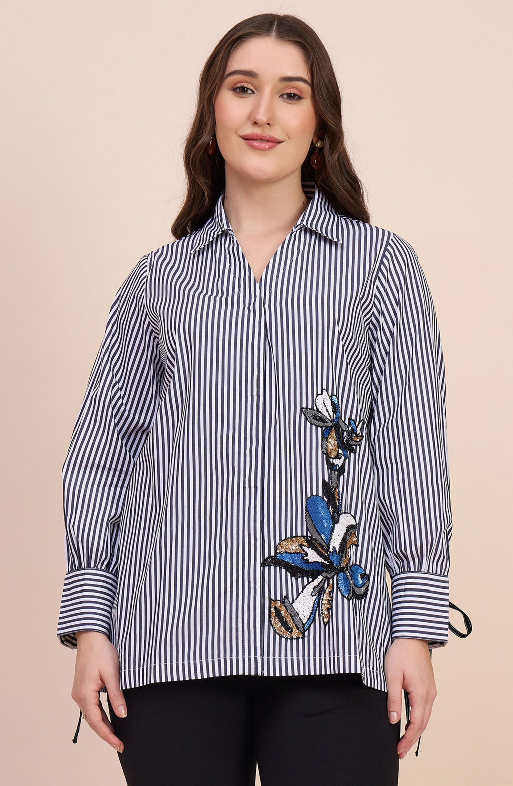 Black & White Striped Shirt with Sequin Floral Motif