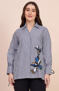 Black & White Striped Shirt with Sequin Floral Motif