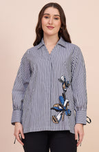 Black & White Striped Shirt with Sequin Floral Motif