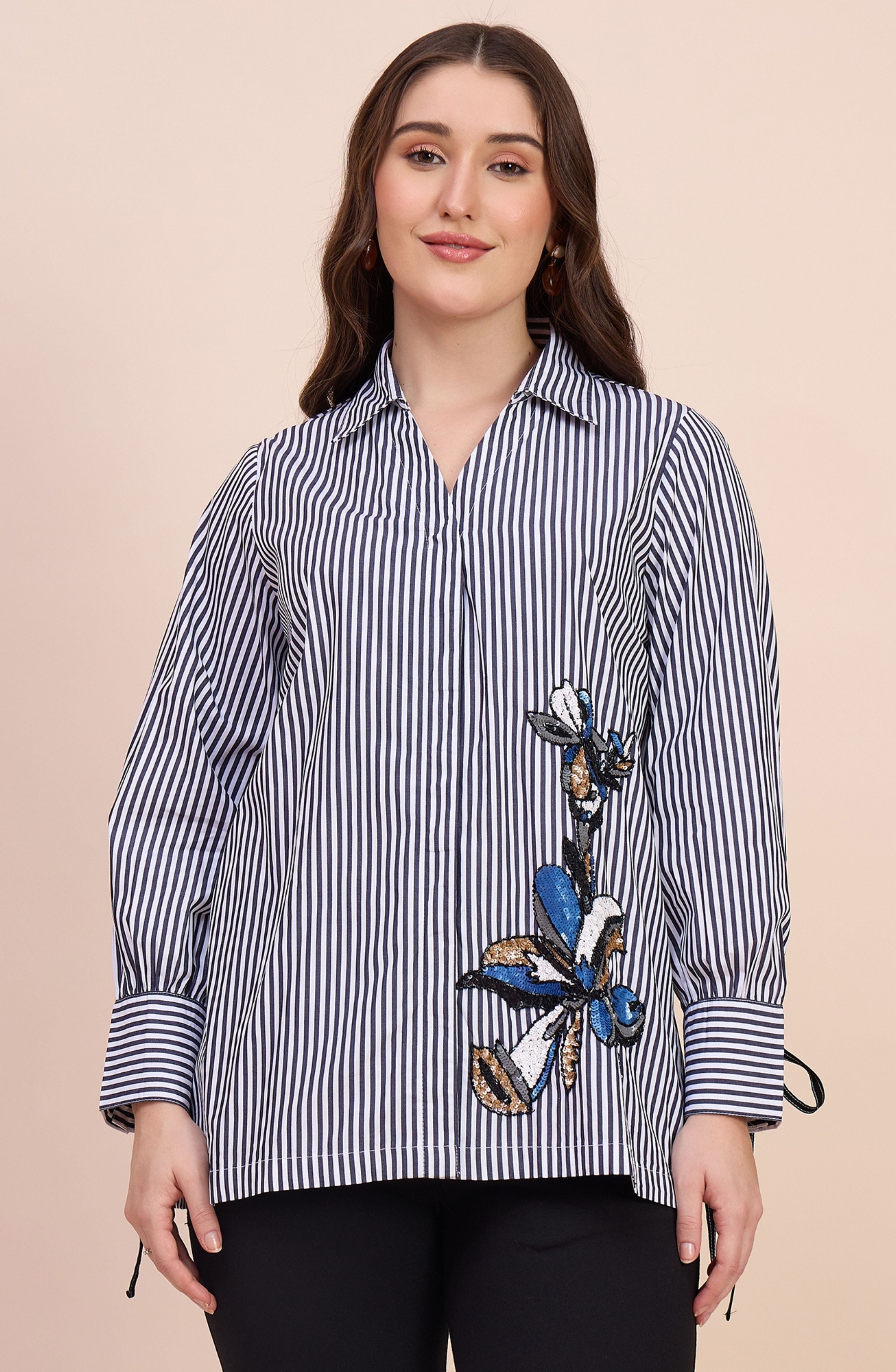 Black & White Striped Shirt with Sequin Floral Motif