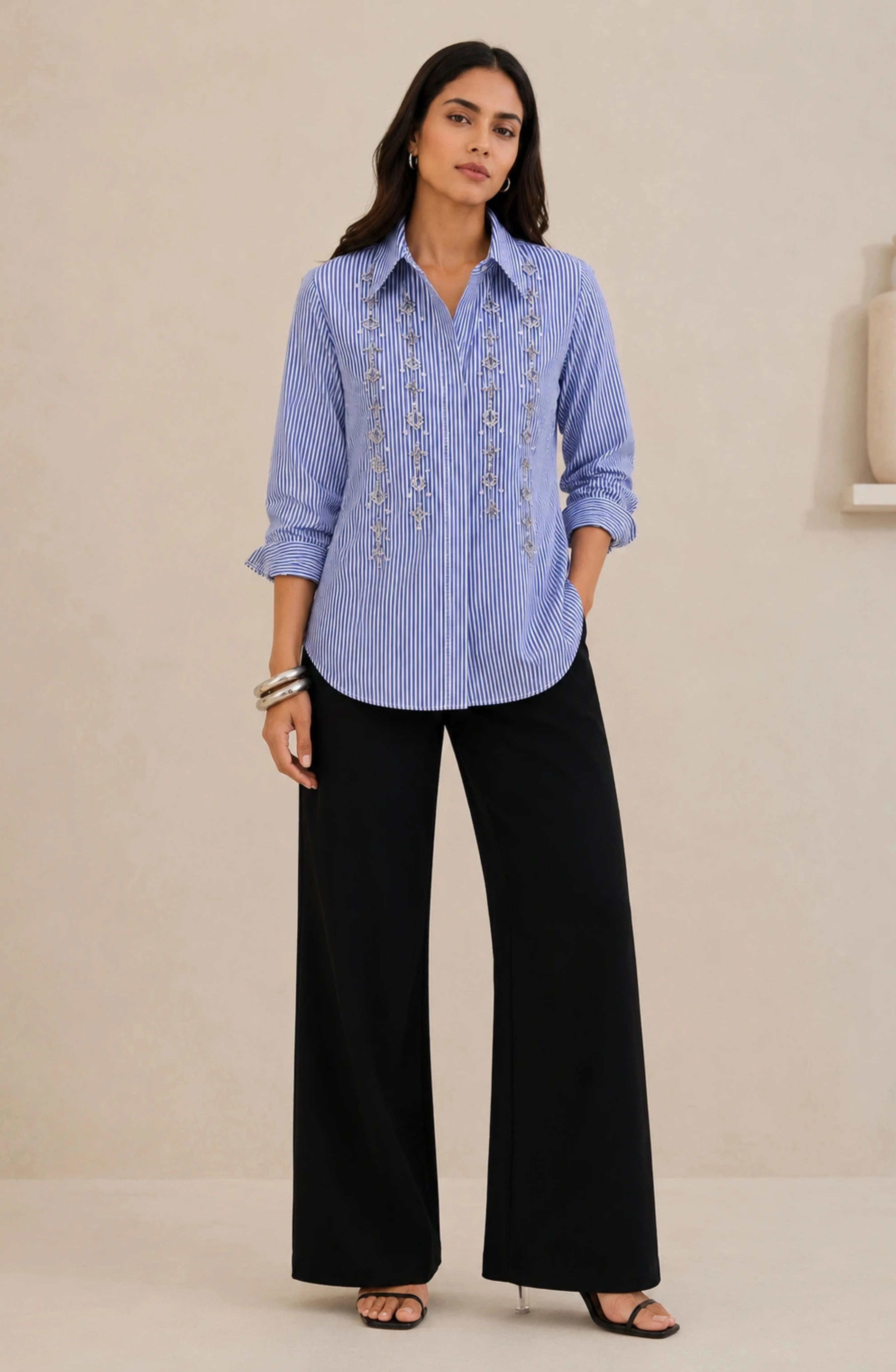 Blue Vertical Stripe Pearl Shirt