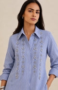Blue Vertical Stripe Pearl Shirt