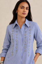 Blue Vertical Stripe Pearl Shirt