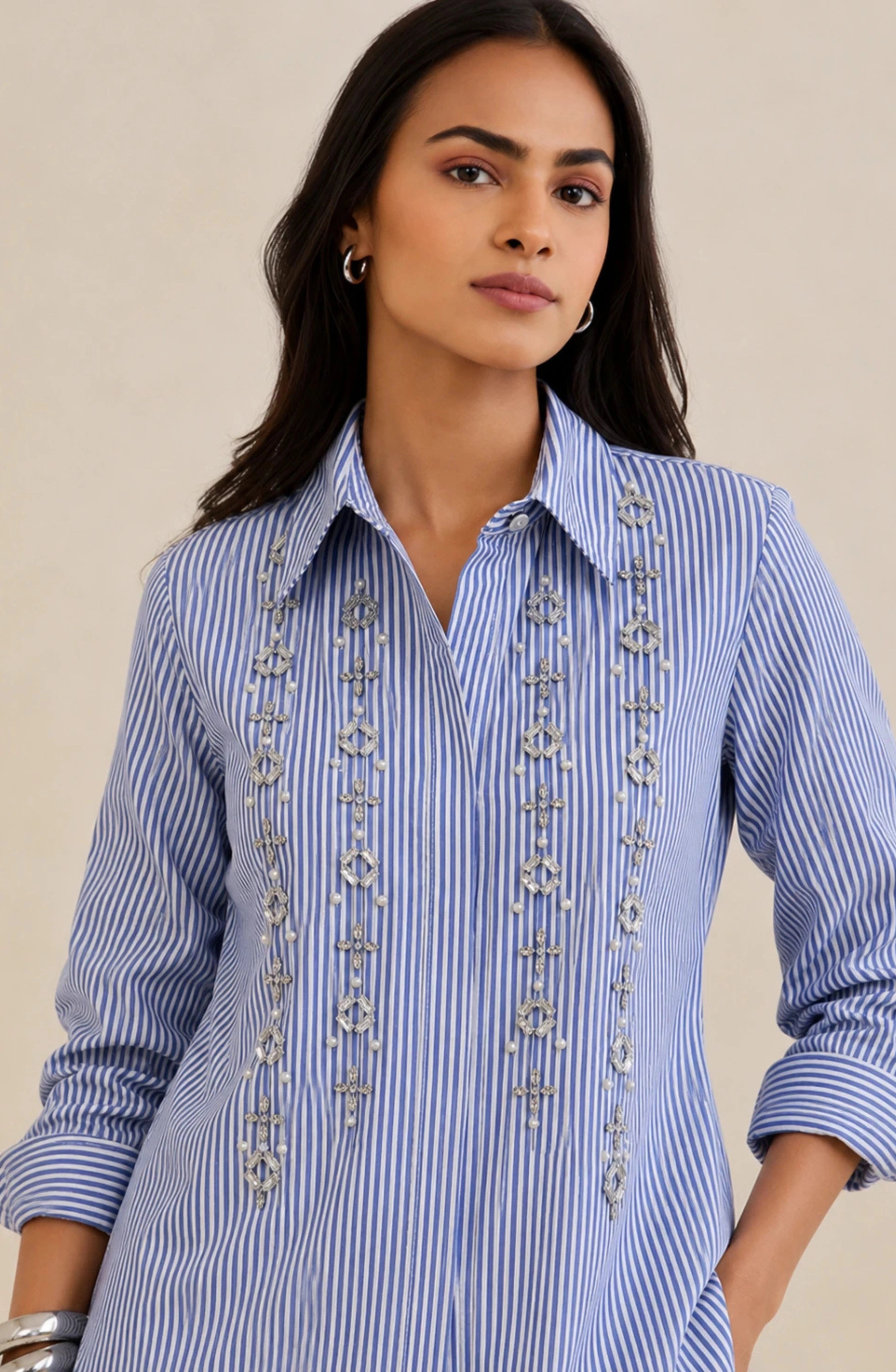 Blue Vertical Stripe Pearl Shirt