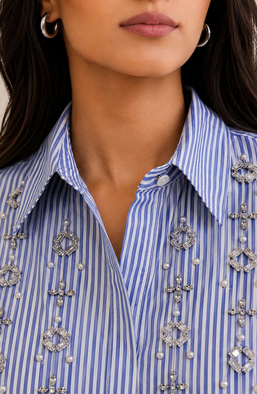 Blue Vertical Stripe Pearl Shirt